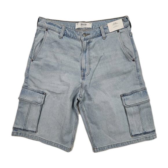 Hollister Baggy Jean Shorts Men's Size 34 Light Wash Stretch Cargo Pockets - Picture 1 of 10